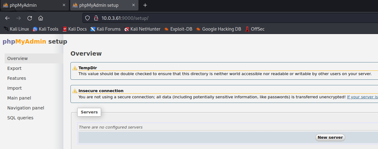 phpMyAdmin setup page